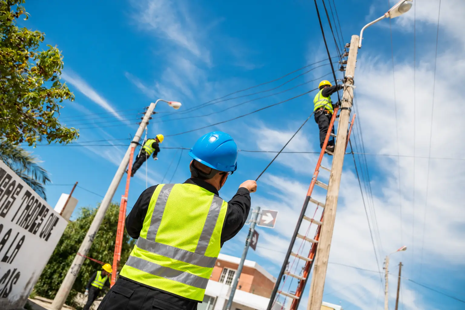 Técnicos con chalecos reflectivos trabajando sobre infraestructura urbana